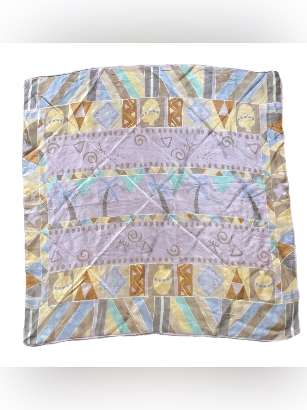 80s Pastel Silk Scarf Tropical Palm Trees Southwest Geometric Abstract 30" x 30"